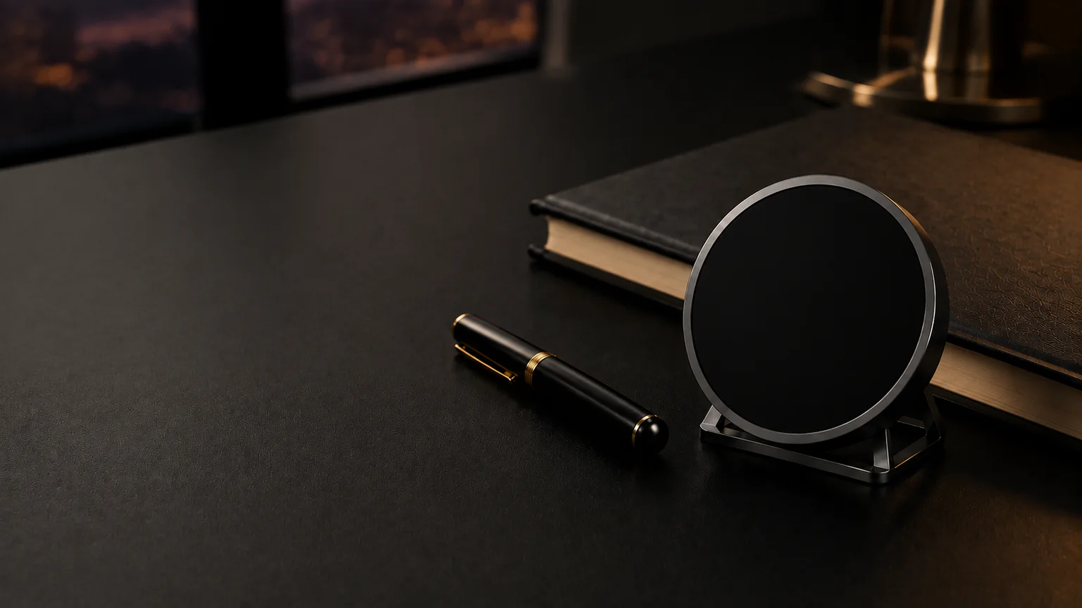 The compact The ECHO device with its anti-glare display off beside a fountain pen and notebook