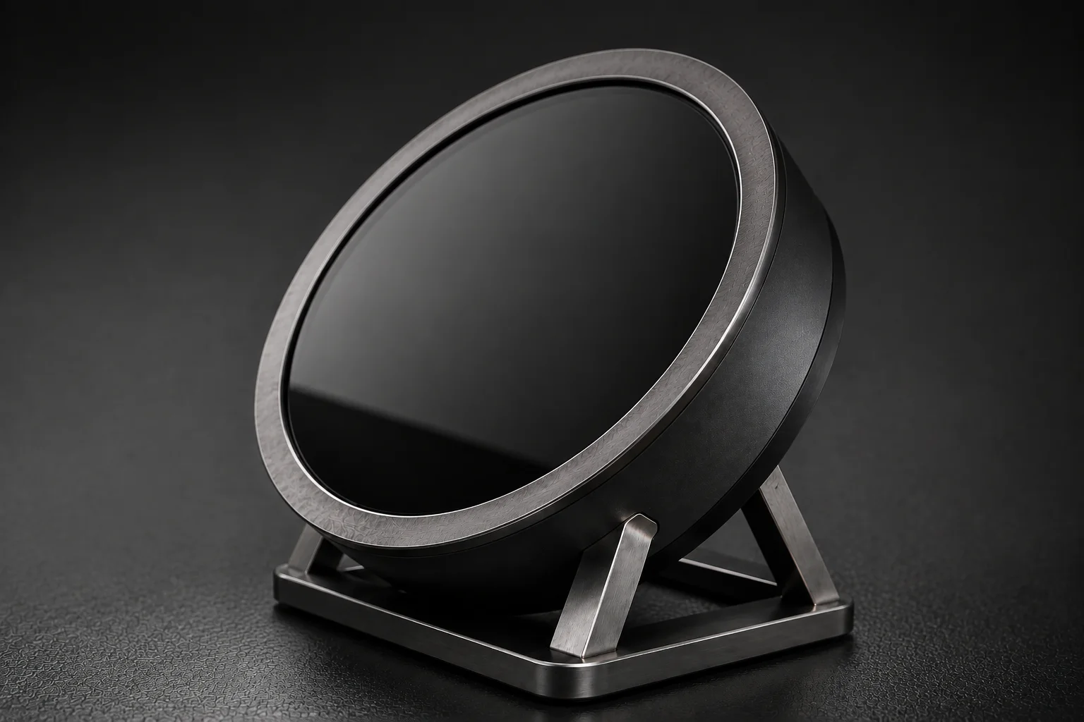 Close view of The ECHO anti-glare glass, machined rim, and metal stand