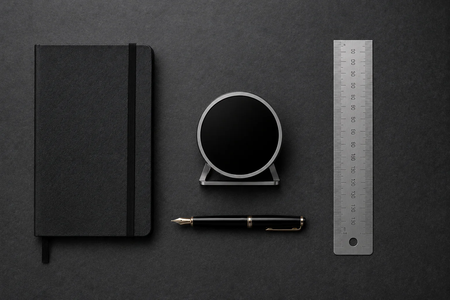The ECHO beside a pen, notebook, and ruler for true scale